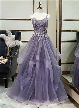 Picture of Purple Tulle Layers Long Formal Gown, Lace Applique Top Party Dresses